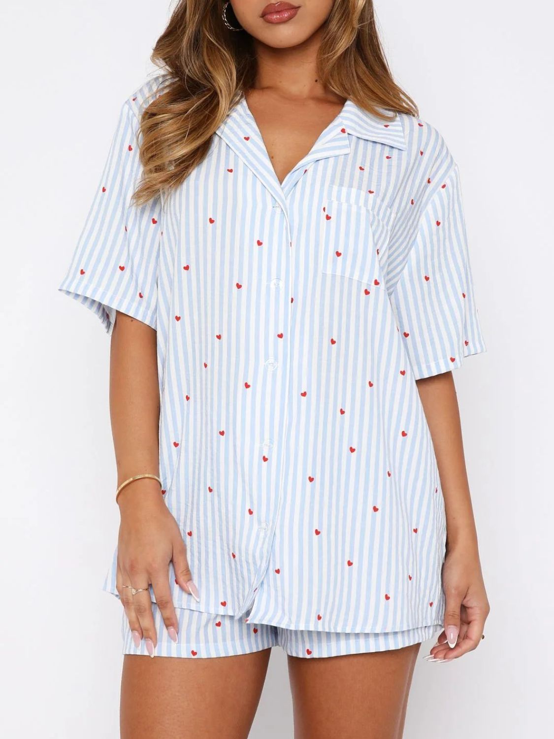 Valentine's Day Printed Collared Neck Short Sleeve Top and Shorts Set Trendsi