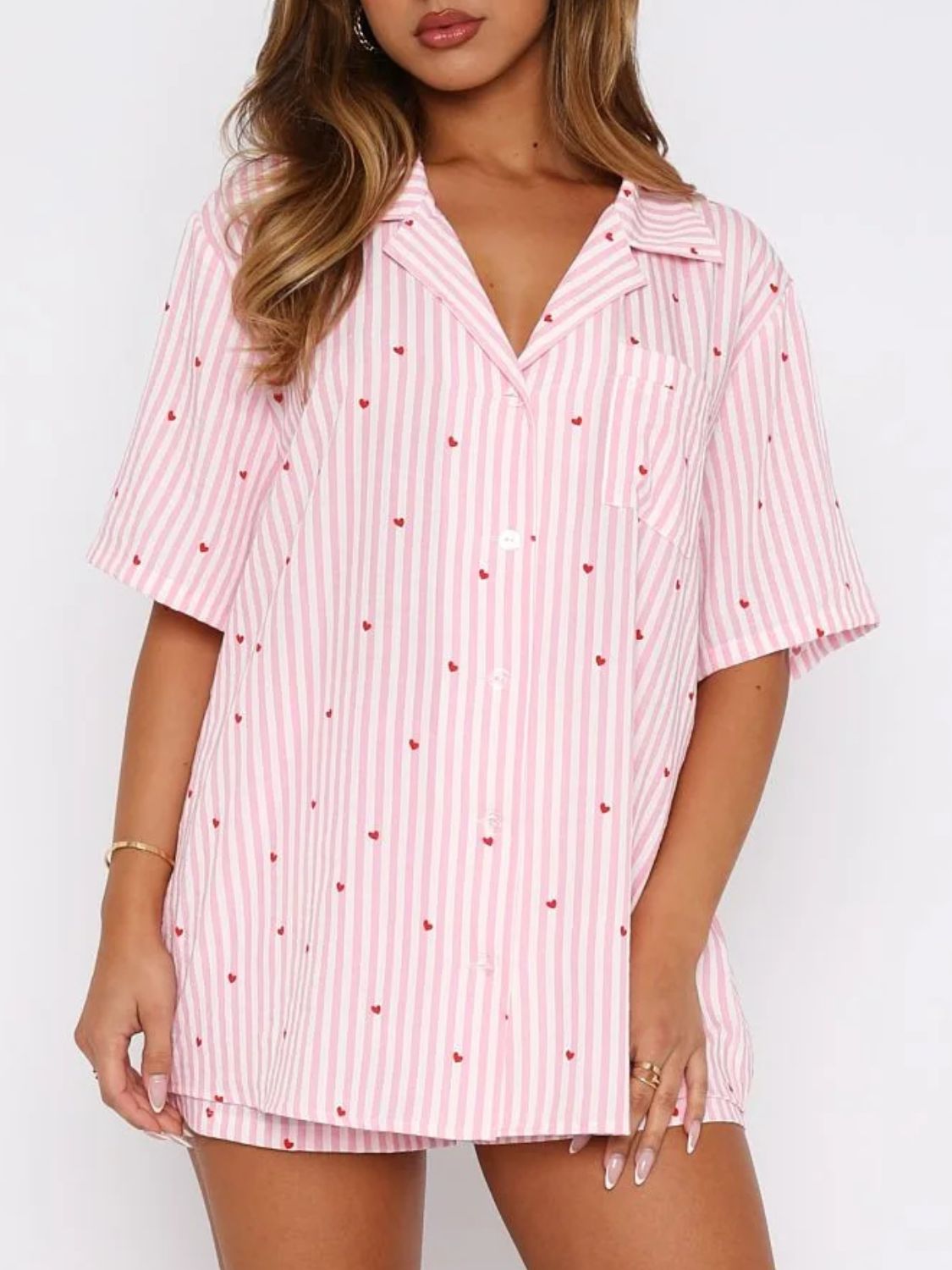 Valentine's Day Printed Collared Neck Short Sleeve Top and Shorts Set Trendsi