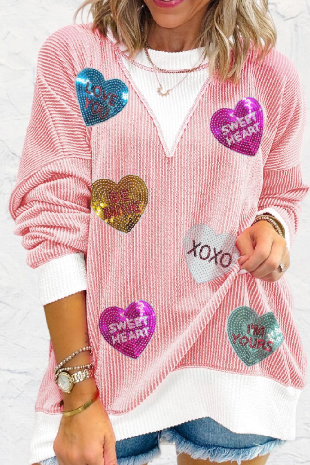 Valentine’s Day Sequin Heart Long Sleeve Sweatshirt Trendsi