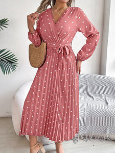 Tied Polka Dot Long Sleeve Midi Dress