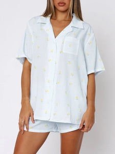 Valentine's Day Printed Collared Neck Short Sleeve Top and Shorts Set Trendsi