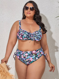 Plus Size Printed Drawstring Detail Bikini Set