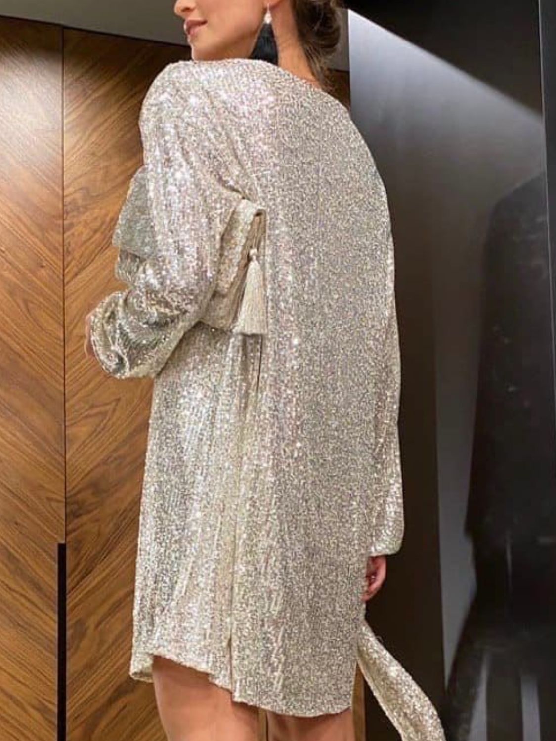 Sequin Tie Waist Long Sleeve Mini Dress Trendsi