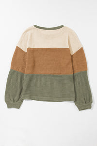 Waffle-Knit Color Block Round Neck Long Sleeve Blouse