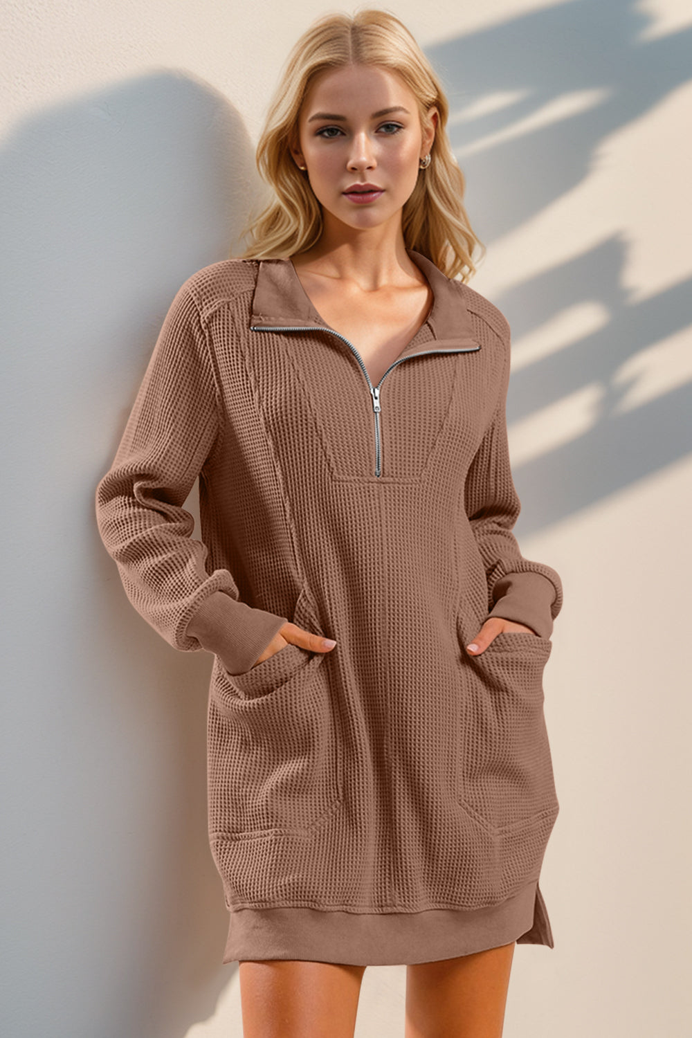 Double Take Waffle Long Sleeve Mini Dress with Pockets