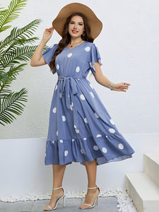 Polka Dot Belted Flutter Sleeve Ruffle Hem Dress