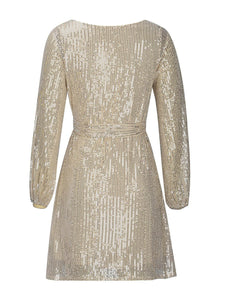 Sequin Tie Waist Long Sleeve Mini Dress Trendsi
