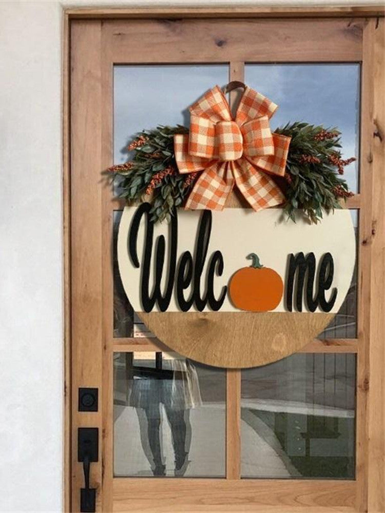 Pumpkin Bow Wooden Round Welcome Door hanger