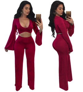 Spring two piece set Women tracksuit Plus size Sexy Solid color Crop Top Tight cropped tops Long Pant