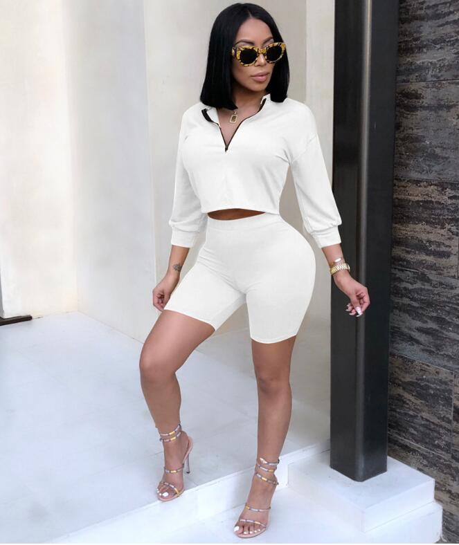 Two Piece Crop Top Turn Collar High Waist Pencil Shorts