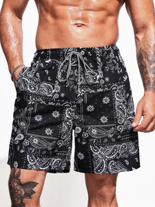 Extended Sizes Men Paisley Scarf Print Drawstring Waist Swim Trunks