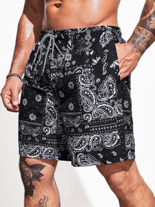 Extended Sizes Men Paisley Scarf Print Drawstring Waist Swim Trunks