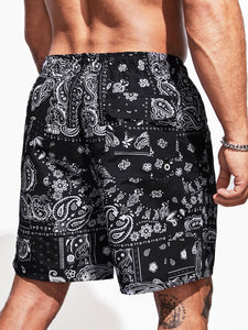 Extended Sizes Men Paisley Scarf Print Drawstring Waist Swim Trunks