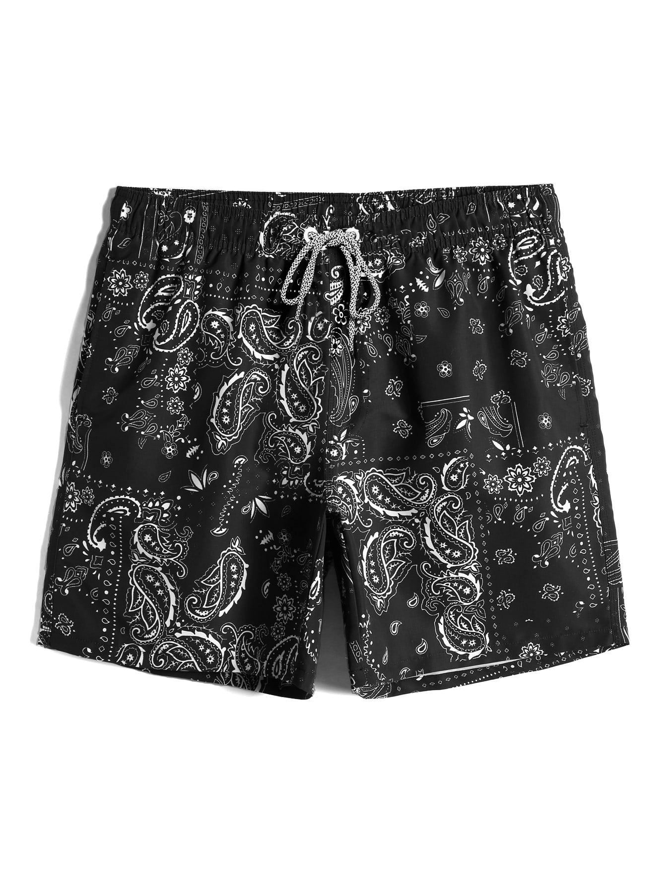 Extended Sizes Men Paisley Scarf Print Drawstring Waist Swim Trunks