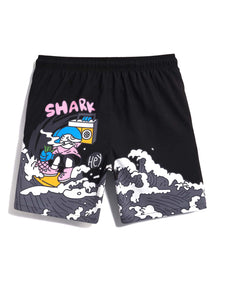 Men Cartoon Letter Graphic Drawstring Waist Swim Trunks