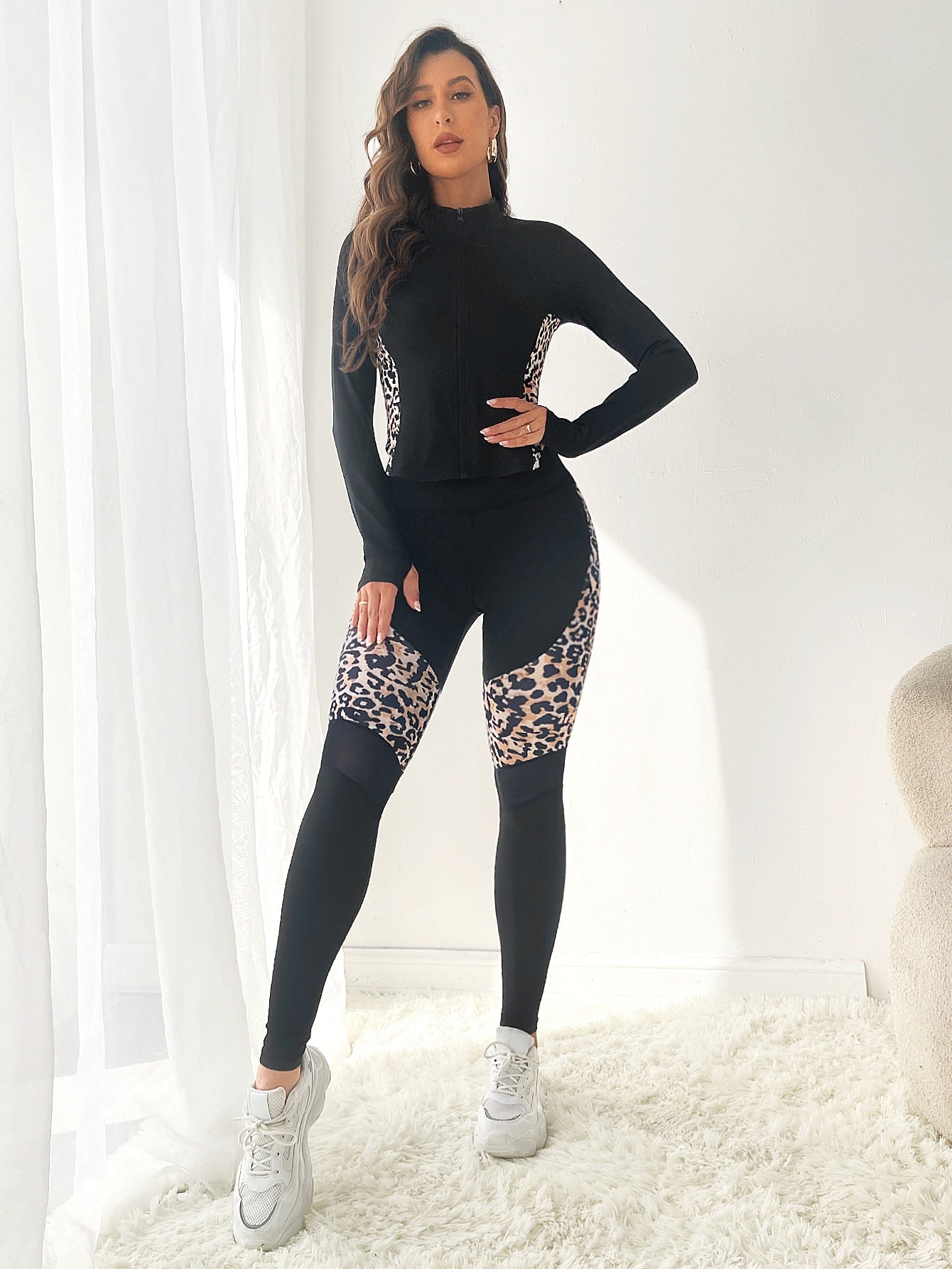 2pcs Leopard Print Running Set Workout Suit Zip Up Sports Jacket & Mesh Insert Leggings