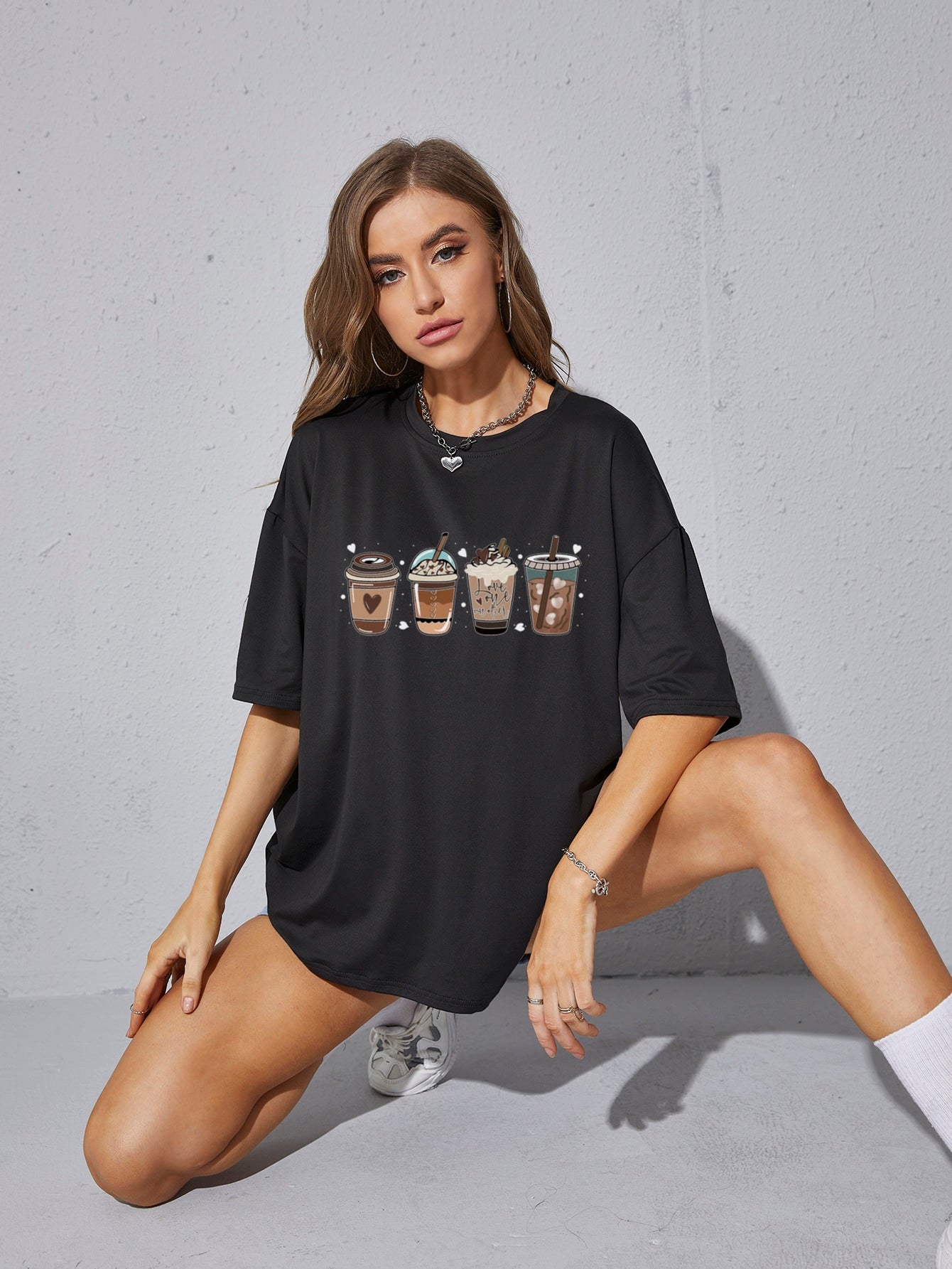 Coffee And Letter Graphic Drop Shoulder Oversized Tee