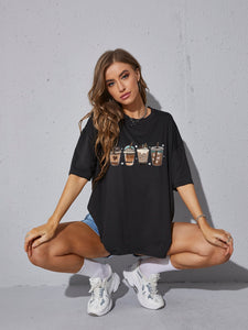 Coffee And Letter Graphic Drop Shoulder Oversized Tee