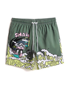 Men Cartoon Letter Graphic Drawstring Waist Swim Trunks