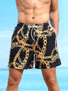 Men Chain Print Drawstring Waist Swim Trunks