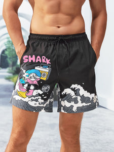 Men Cartoon Letter Graphic Drawstring Waist Swim Trunks