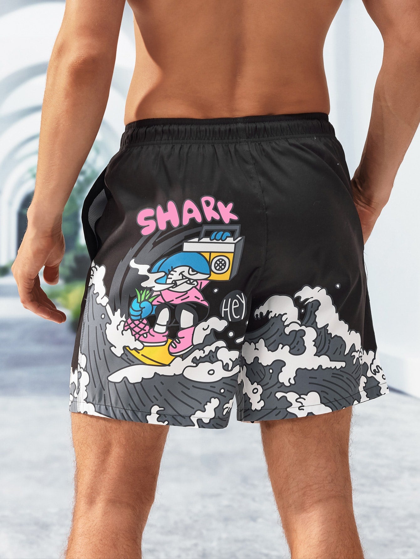 Men Cartoon Letter Graphic Drawstring Waist Swim Trunks