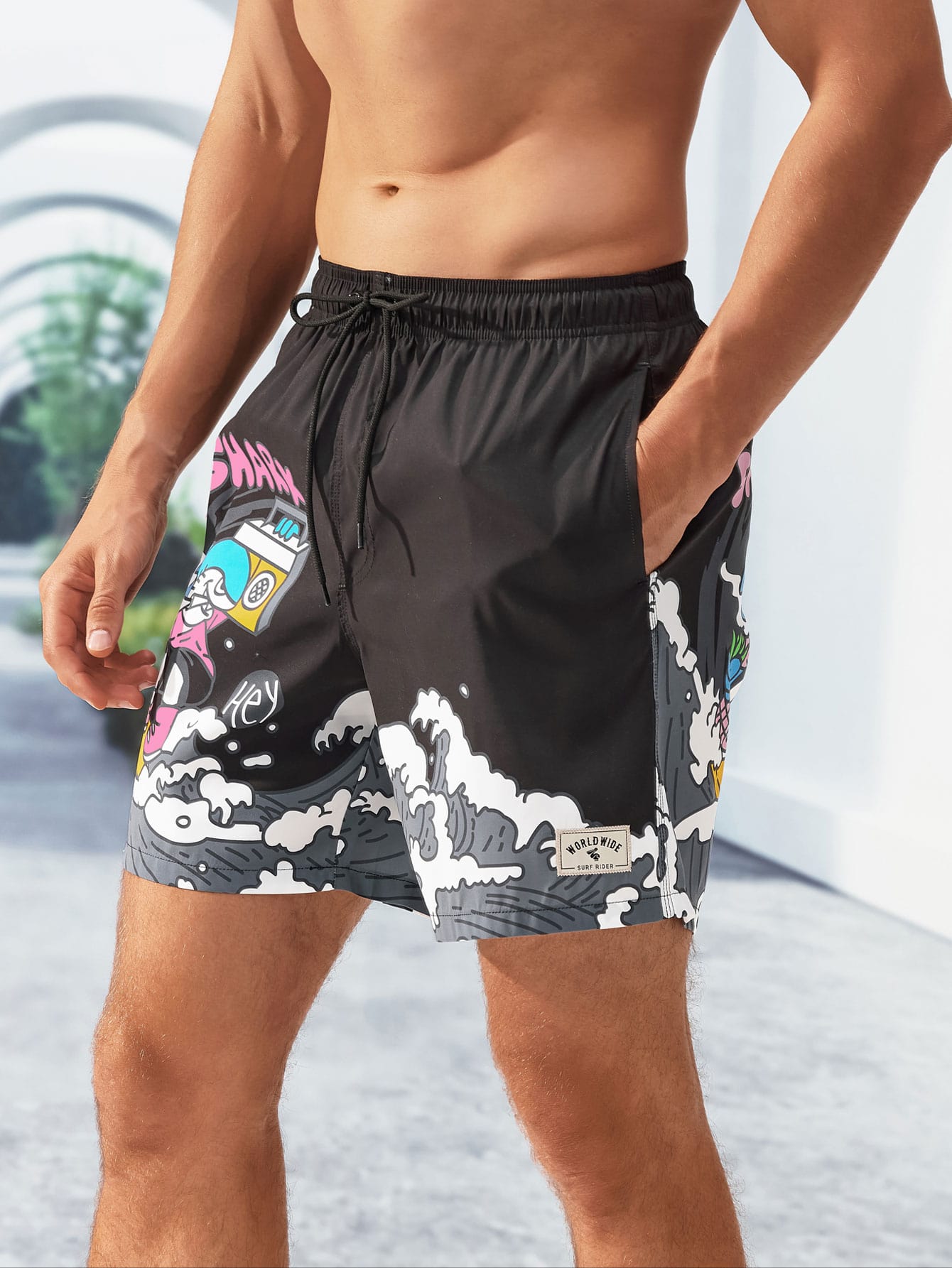 Men Cartoon Letter Graphic Drawstring Waist Swim Trunks