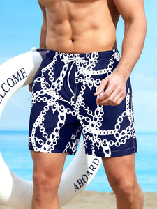 Men Chain Print Drawstring Waist Swim Trunks