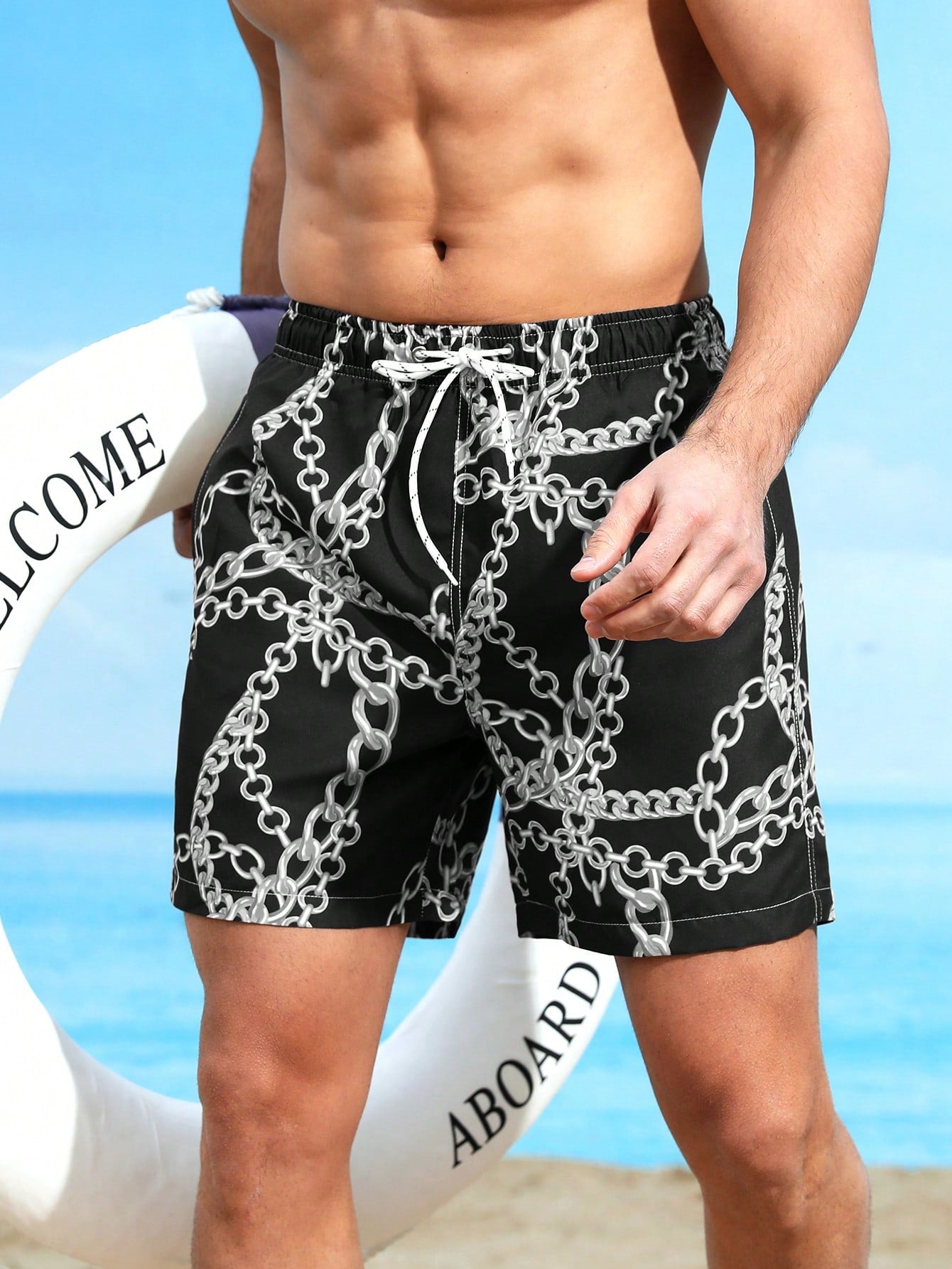 Men Chain Print Drawstring Waist Swim Trunks