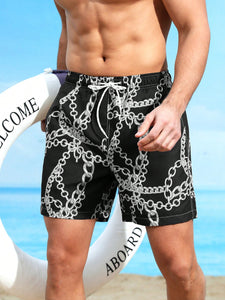 Men Chain Print Drawstring Waist Swim Trunks