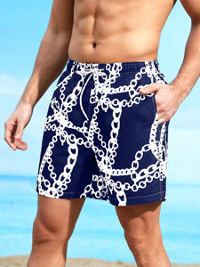 Men Chain Print Drawstring Waist Swim Trunks