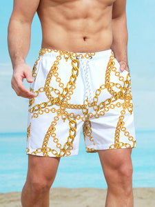 Men Chain Print Drawstring Waist Swim Trunks