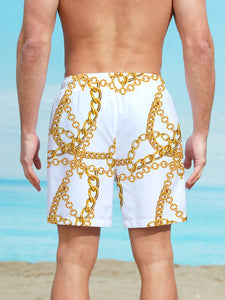 Men Chain Print Drawstring Waist Swim Trunks