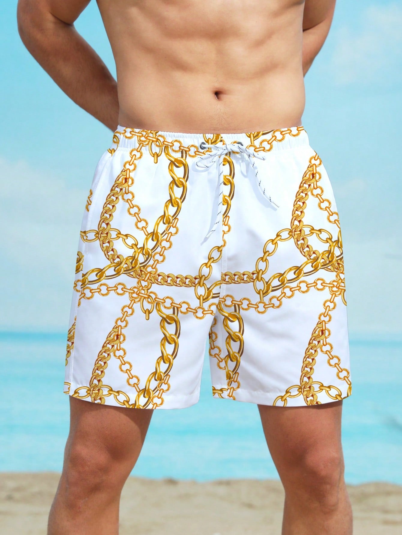 Men Chain Print Drawstring Waist Swim Trunks