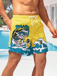 Men Cartoon Letter Graphic Drawstring Waist Swim Trunks