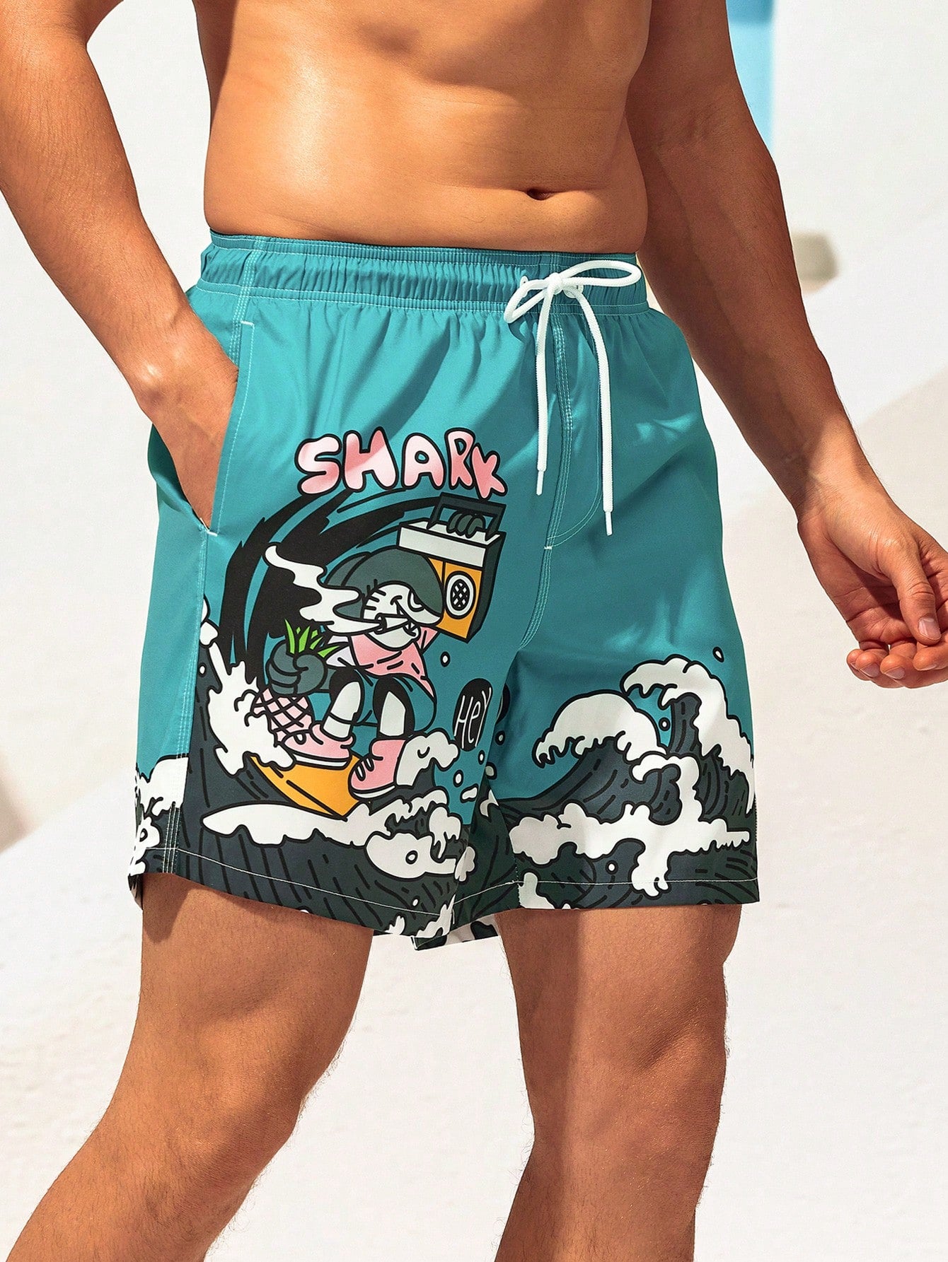 Men Cartoon Letter Graphic Drawstring Waist Swim Trunks