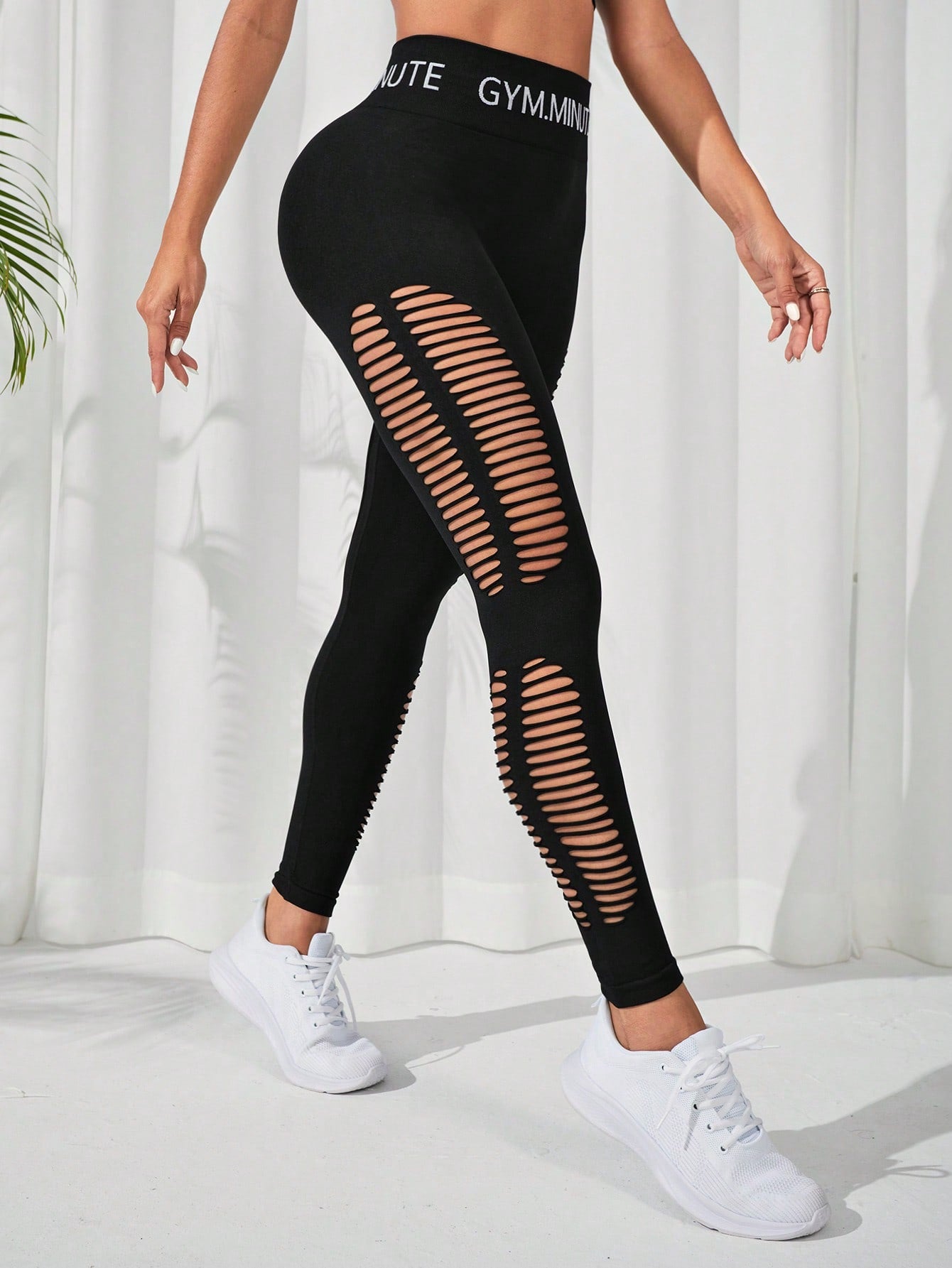 Letter Tape Waist Cut Out Sports Leggings