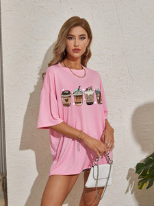 Coffee And Letter Graphic Drop Shoulder Oversized Tee