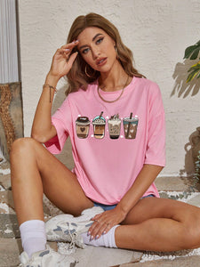 Coffee And Letter Graphic Drop Shoulder Oversized Tee