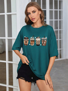 Coffee And Letter Graphic Drop Shoulder Oversized Tee