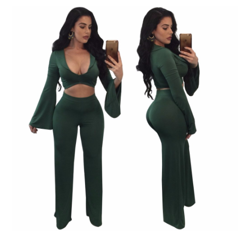 Spring two piece set Women tracksuit Plus size Sexy Solid color Crop Top Tight cropped tops Long Pant