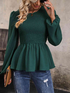 Round Neck Smocked Balloon Sleeve Top