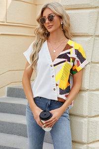 Printed Surplice Short Sleeve Blouse