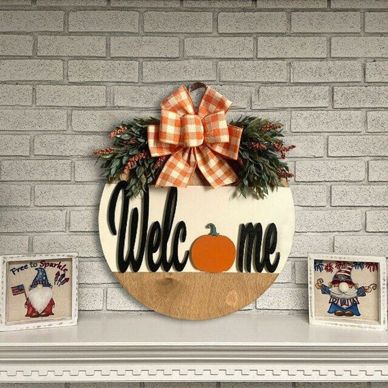 Pumpkin Bow Wooden Round Welcome Door hanger