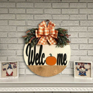 Pumpkin Bow Wooden Round Welcome Door hanger