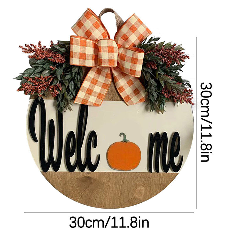 Pumpkin Bow Wooden Round Welcome Door hanger