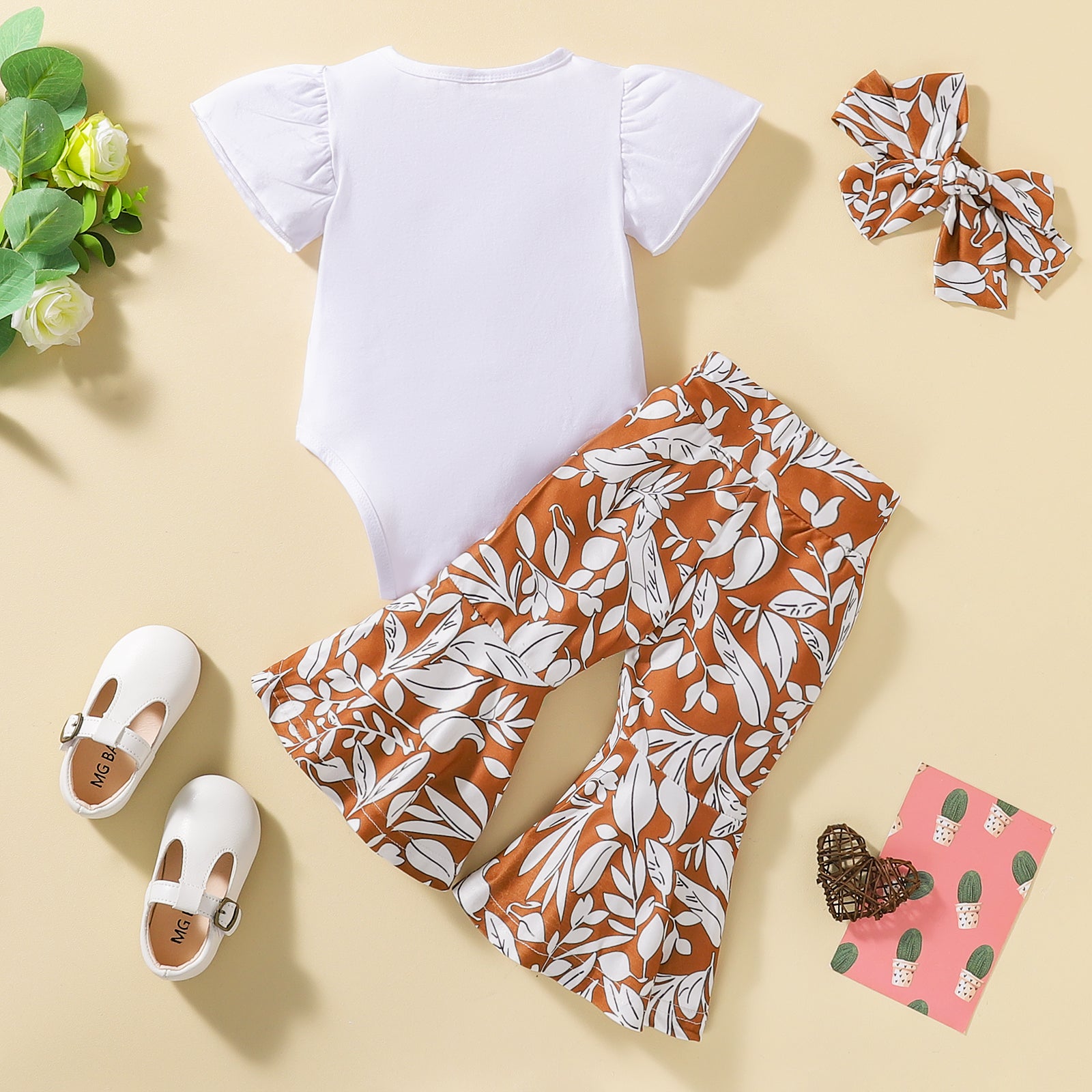 Short-Sleeved Onsie + Flared Pants Two-Piece Set (Name can be added)