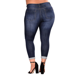 Plus Size High Elastic Hole Jeans Women's True Denim Skinny Distressed Jean For Women Jeans Pencil Pants