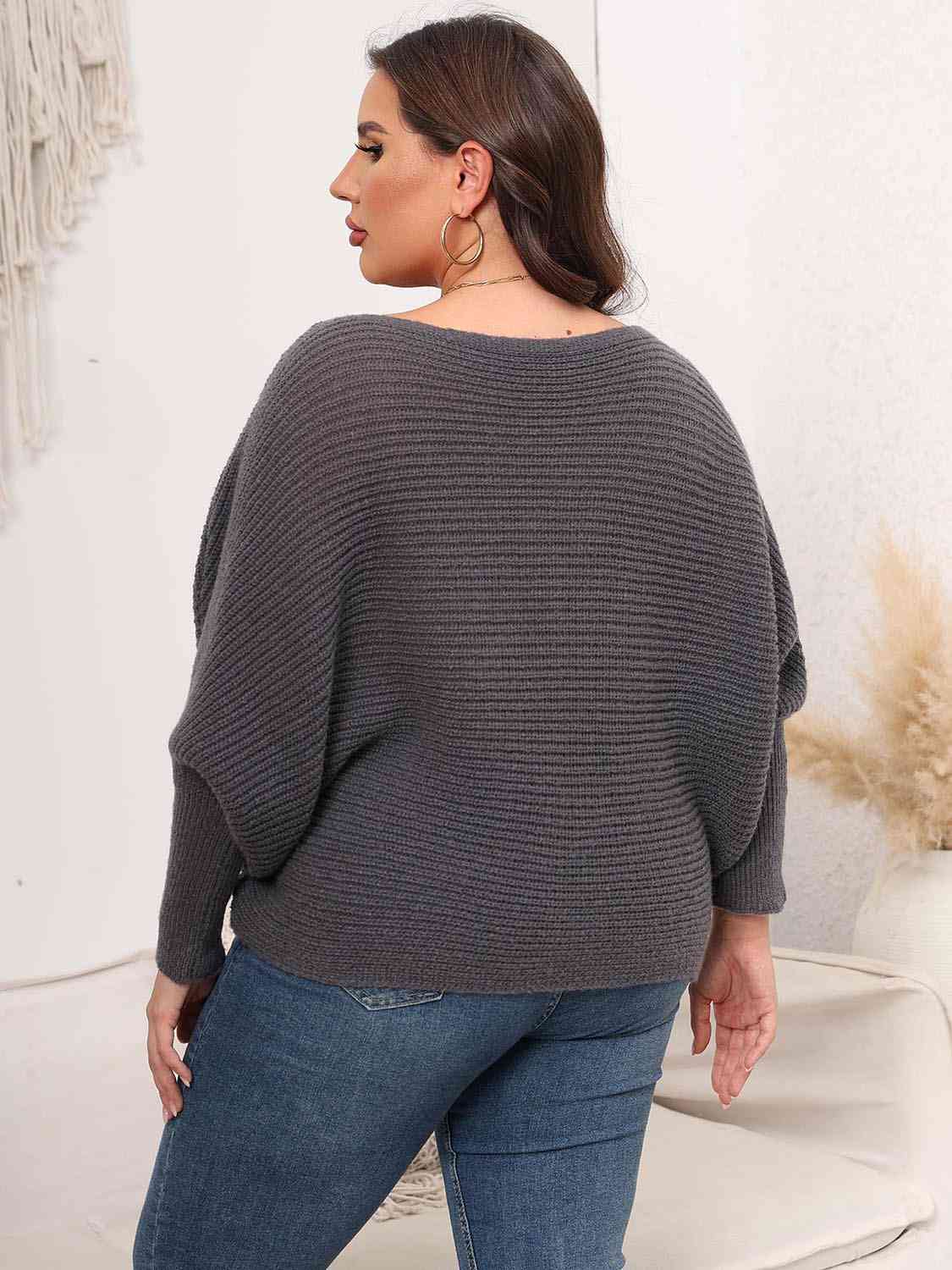 Full Size Boat Neck Batwing Sleeve Sweater