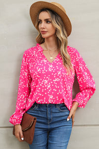 Double Take Printed Notched Neck Smocked Blouse